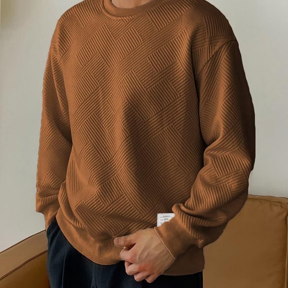 Men Men's Crewneck Sweat Soild Color Geometric Texture Long Sleeve‎ Casual Shirt